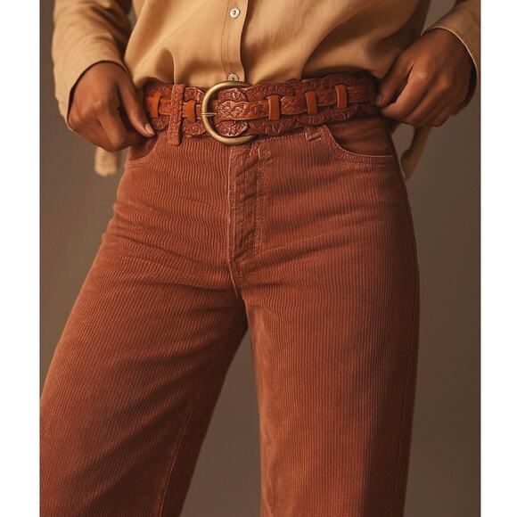 Vintage Woven Cognac Leather Belt | Artisan Patchwork Brass Buckle | Fossil Y2K - Picture 1 of 13